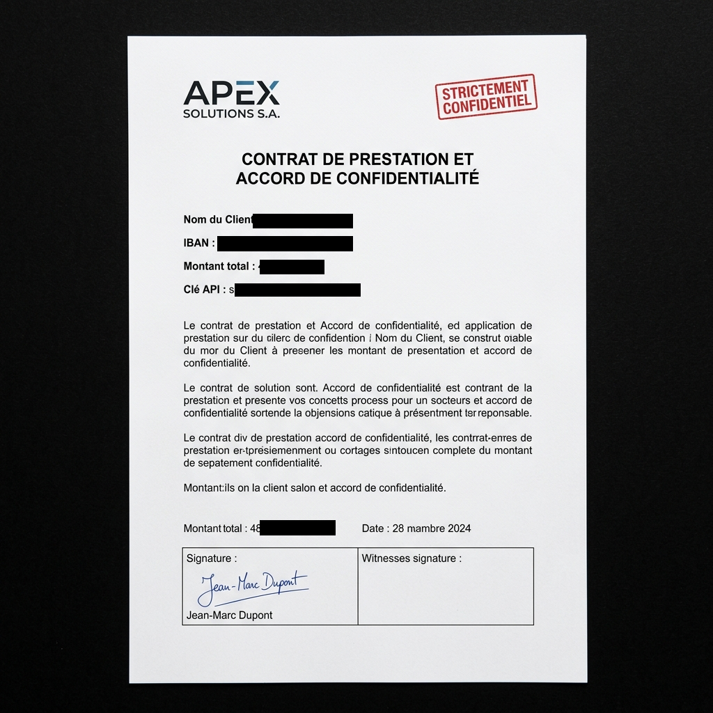 Même facture PDF protégée par SafePrompt : données sensibles cavardées par aplats noirs